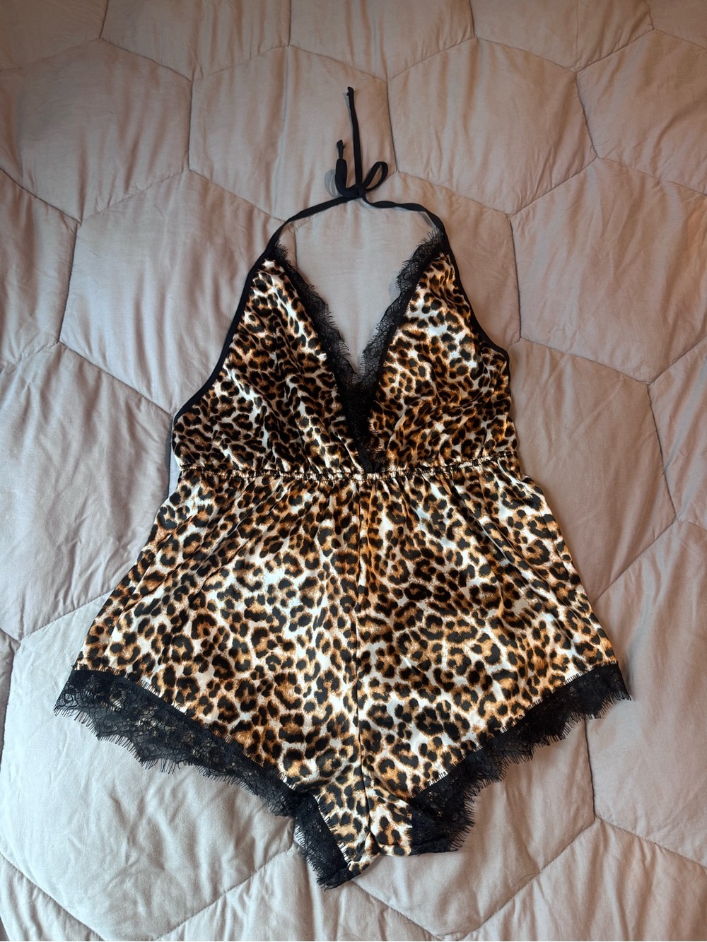 Leopard Print Lace-Trim Satin Romper!